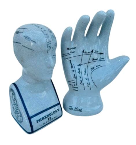 Image of Retro Collections Set Of Ceramic Palmistry 7 inch Hand And Phrenology 6 Inch Head L.N. Fowler
