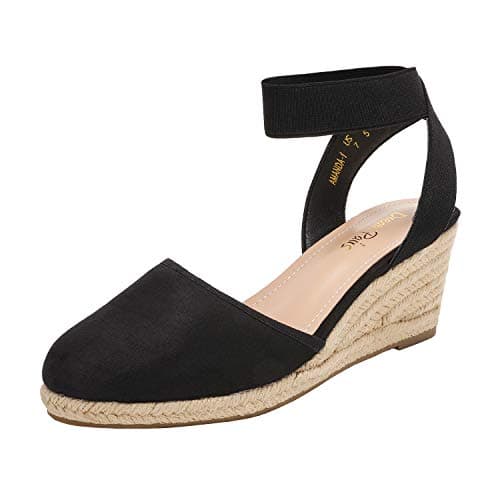 Image of DREAM PAIRS Womens Espadrille Wedge Sandals Slingback Mid Heel Elastic Ankle Strap Closed Toe Summer Wedding Party Holiday,Size 6,Black,AMANDA-1