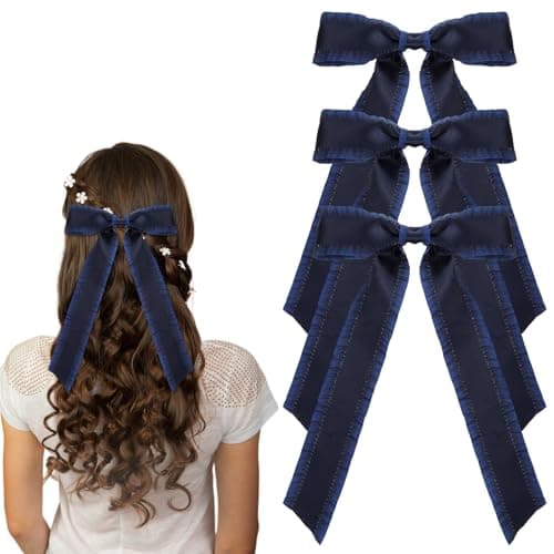 Image of 3PCS Blue Bows for Hair Women, 5.48x9.6In Navy Blue Hair Bows with Metal Duckbill Clip, Ruffled Edge Satin Ribbon Bow Hairs Clip, for Daily Commuting, Gatherings with Friends, And Travel.