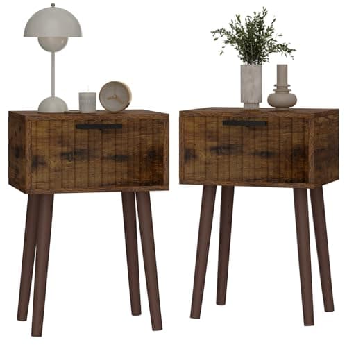 Image of YMYNY Fluted Nightstand Set of 2, Small End Table, Modern Coffee Table with Drawer, Solid Wood Legs, Retaining Chain, 35x27x53cm, for Bedroom and Small Spaces, Rustic Brown HST014H-2