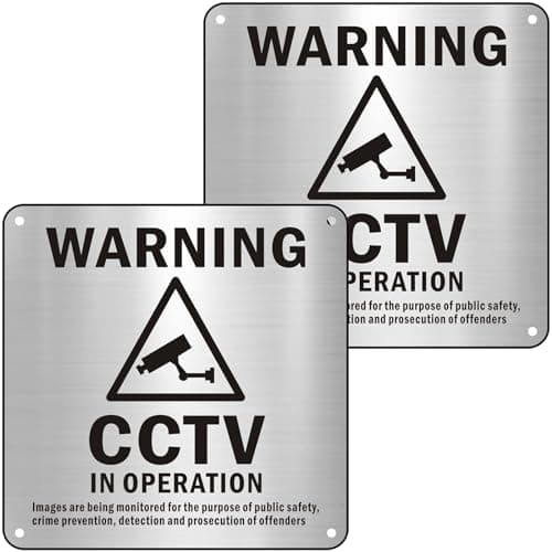 Image of Data Compliant GDPR CCTV Sign Brushed Aluminium Self Adhesive in Operation 15x15cm Camera Metal Signs Outdoor Waterproof, UV Resistant, Durable Pack of 2