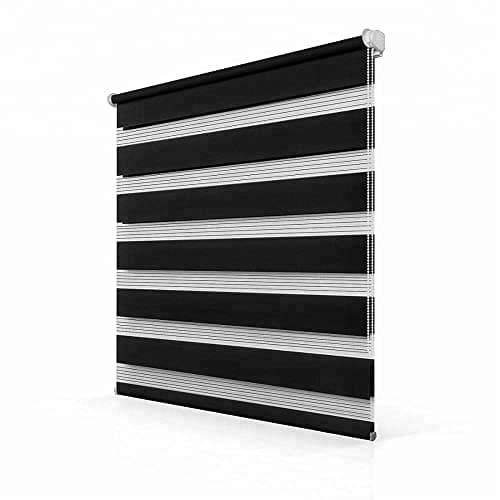 Image of Funky Gadgets Day and Night Roller Blinds Dual Layer Fabric Zebra Blind Translucent or Blackout Vision Roller Shades No Drill Blinds Curtains for Windows and Doors Black, 49W x 210H cm