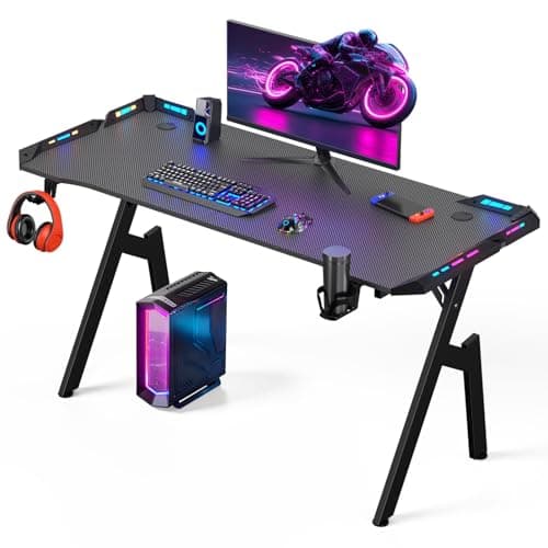 Image of Warmiehomy Gaming Desk with LED Lights, 140 x 60cm Computer Desk, RGB Gaming Table with Headphone Hook,Cup Holder and Mouse Pad, Large Gamer Table for Home Office, Bedroom, Black
