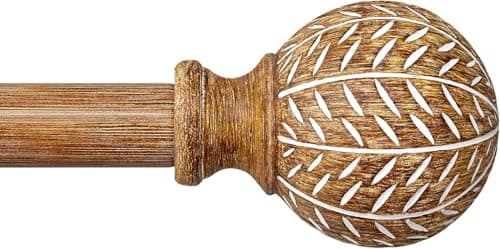 Image of Gormena Curtain Poles for Windows, Adjustable Metal Drapery Rod 80–148 cm (31.5"–58"), 2.54 cm Diameter Heavy Duty Pole with Wood Grain Effect Leaf Finials, Natural Wood Colour, Boho Style