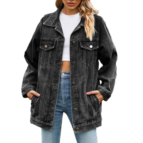 Image of Womens Denim Jackets Long Oversized Jean Jacket Western Boyfriend Button Up Shacket Fall Outfits Coats with Pockets (UK, Alpha, XL, Regular, Regular, 01 Dark Gray)