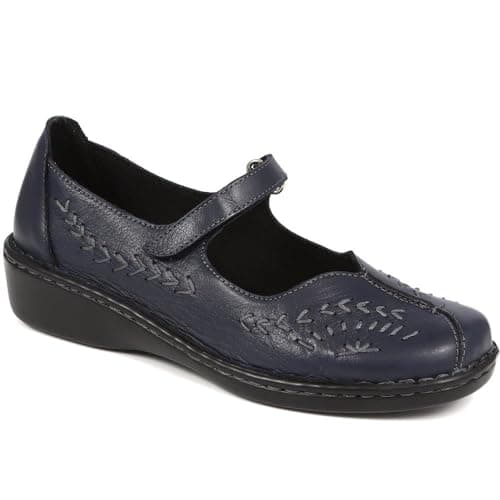 Image of Pavers Womens Wide Fit Leather Mary Jane Shoes in Navy Blue - Comfortable Shoes to Walk in - Touch Fastening Strap & Cut-Out Detail for Everyday Wear - UK Size 5