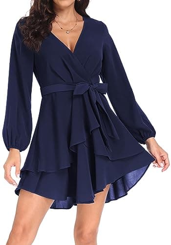 Image of PCEAIIH Women's Cocktail Dresses Long Sleeve Empire Skater Dress Deep V-Neck Waist Tie Ruffle Mini Swing Dresses L Navy