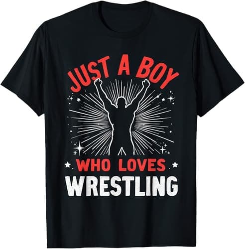 Image of Just A Boy Who Loves Wrestling Funny Wrestler Fan Design Kids Womens Mens T Shirt 5-6 Black