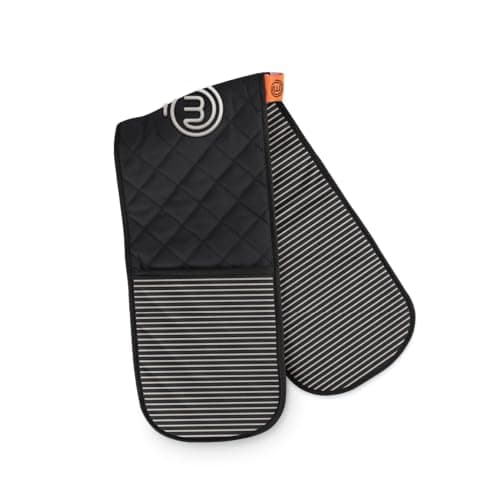 Image of MasterChef Oven Gloves Heat Resistant, Double Oven Gloves Made from Cotton with Official Show Logo & Hanging Loop, Attached Oven Mitts, Machine Washable, Heat Proof Pot Holders for the Kitchen, Elite