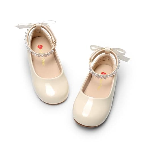 Image of DREAM PAIRS Toddler Little Girls Dress Shoes Flower Girl Mary Jane Ballet Flat Shoes with Pearl Ankle Strap & Satin Bow for Wedding/Party,Size 8 Little Kid,Ivory,SKFA26002K