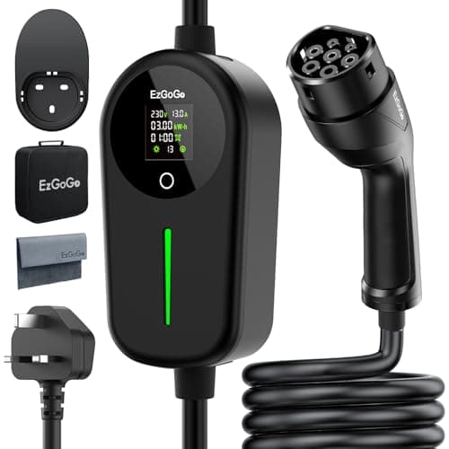 Image of EzGoGo EV Charger 3 Pin Plug 32.81Ft/10M Type 2 Charging Cable 3kW, [6/8/10/13A] Electric Car Charger IP65 Advanced Protection car charging cable Suitable for EVs & PHEVs