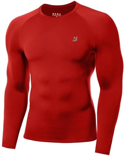 Image of Roadbox Men's Compression Base Layer Shirt Long Sleeve, Quick Dry Performance Compression Top for Running Gym Workout Tomato Red