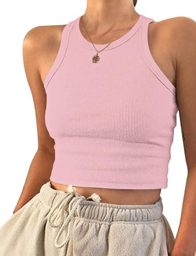 Image of PLOKNRD Womens Tops Ladies Crop Tank Top Vests Summer Basic Clothing Light Pink XS