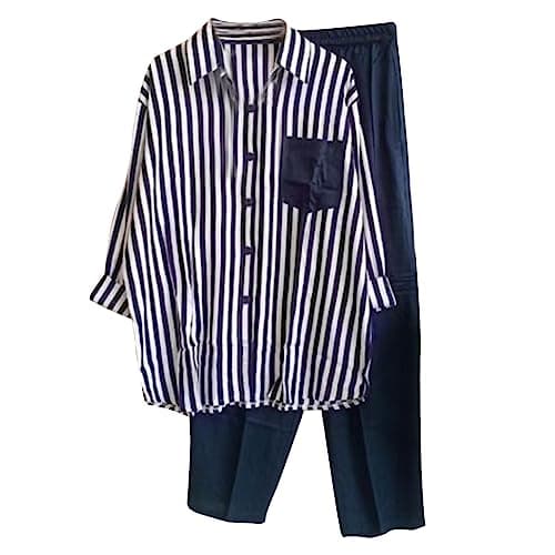 Image of Mrat Lounge Wear Sets for Women UK Long Sleeve Button Down Shirts Straight Leg Pants Summer Comfy Co Ord Set Tracksuits Ladies Striped Floral Oversized Trousers Suit Beach Going Out Holiday Activewear