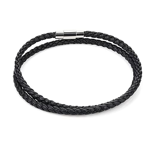 Image of ASTER Cuff Leather Braided Bracelet Double Wrap Braided Leather Bracelet for Men Women Stainless Steel Bangle Magnetic Closure