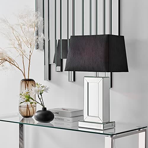 Image of Furniturebox UK Lighting - Talia Table Desk Lamp Light (Including Bulb) - Mirrored Statement Base with Inlaid Geometric Design & White Rectangular Fabric Lampshade - Glam Modern Retro Statement Lamp