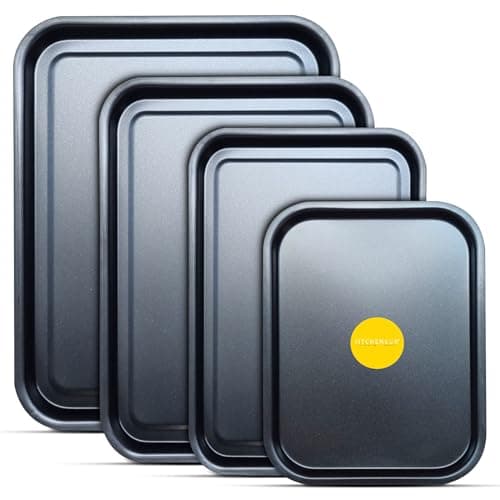 Image of 4-Pack - Baking Tray and Roasting Tray Set - 38cm, 35cm, 32cm, & 28cm Baking Tray Set Tray/Pan in Black, Non-Stick, Multi-Pack Set Oven Trays - Dishwasher Safe and Easy Clean. By KITCHENEUR®