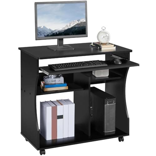 Image of Yaheetech Movable Computer Office Desk PC Laptop Table Home Office Furniture with Sliding Keyboard 2 Shelves Study Workstation on Wheels Black 80.1x48.1x76.2cm