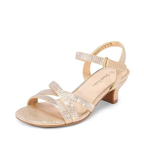 Image of DREAM PAIRS Girls Sandals Low Heel Ankle Strap Open Toe Sandals Wedding Party Bridesmaid for Little Kid/Big Kid,Size 12 Little Kid,Gold,SDSD2315K