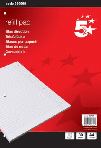 Image of 5 Star A4 Lined Paper Refill Pad (10 Pack),160 Page Note Pads Headbound Punched 4 Holes Feint Ruled Margin 60gsm White