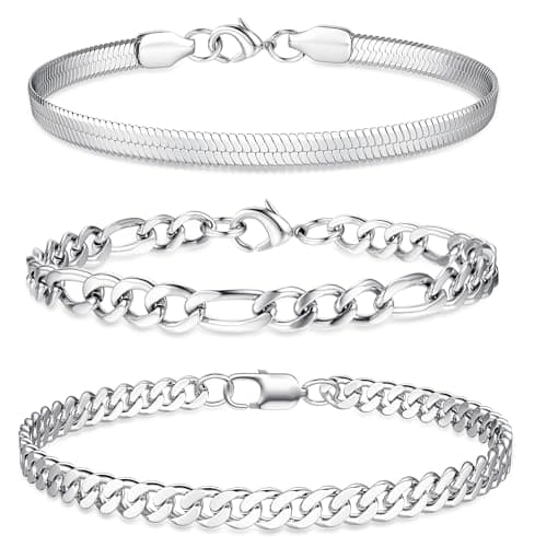 Image of JeweBella 3 Pcs Silver Bracelet for Men Stainless Steel Figaro Herringbone Chain Bracelet Set Sturdy Curb Mens Bracelets Gold/Silver Mens Jewellery Gifts 19/21/23CM