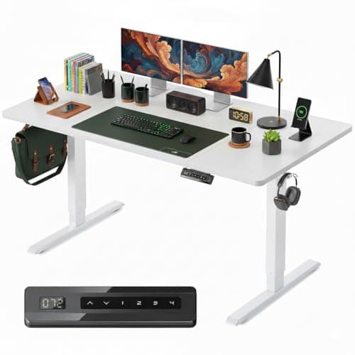 Image of FEZIBO Electric Height Adjustable Standing Desk with digital display control panel, 80x160cm Ergonomic Home Office Table for Sit-Stand with 4 Pieces Splice Board & White Wood Grain Surface
