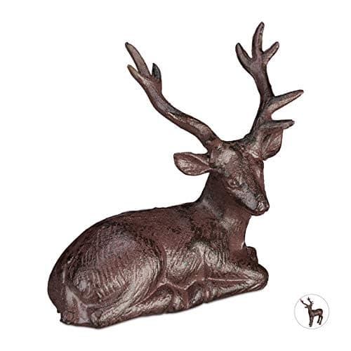 Image of Relaxdays Deer Ornament, Sitting Decor Stag, Weatherproof, Garden, Balcony, Cast Iron, Statue, Brown