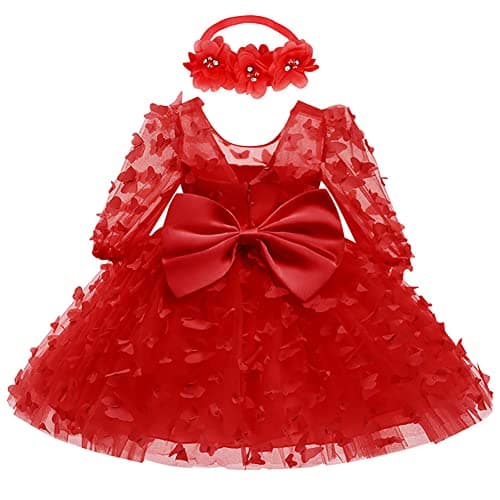 Image of Baby Flower Girl Dress Toddler Wedding Birthday Party Cake Smash Baptism Christening Holiay Valentine's Day Bowknot Mesh Tulle Sheer Long Sleeve Dresses Red 6 Months