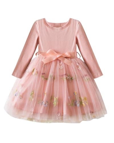 Image of JiAmy Flower Girls Dresses Embroidery Bow Dress Kids Long Sleeves Ribbed Knit Top Tulle Skirt with Belt for 3-4 Year Old, Pink Flower