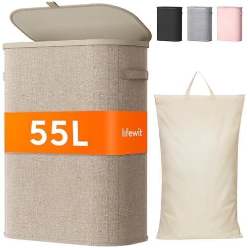 Image of Lifewit 55L Laundry Basket with Lid, Slim Washing Basket with Handles and Bag, Large Foldable Dirty Clothes Organiser with Plastic Frame for Laundry Room, Bedroom, Bathroom, Beige