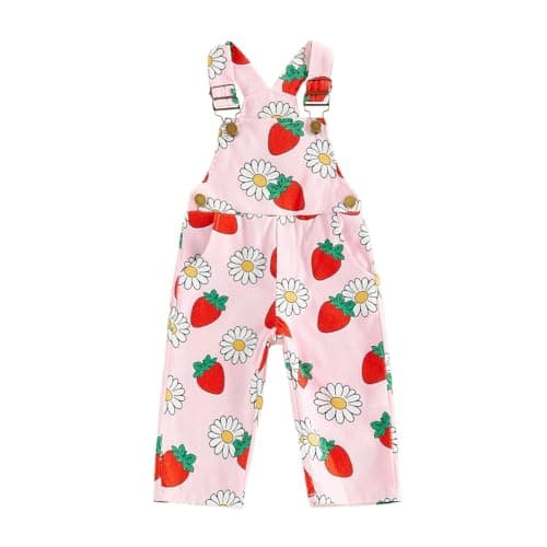 Image of Geagodelia Kids Toddler Baby Girls Corduroy Dungarees Strawberry Print Overalls Summer One Piece Outfit Clothes (Pink, 2-3 Years)