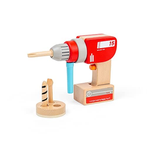 Image of Bigjigs Toys Wooden Kids Drill - Toy Drill with 3 Magnetic Drill Bits, Clickable On/Off Button, Detachable Pretend Battery, Ideal for Kids Tool Sets, Unique Wooden Toys for 3 Year Olds