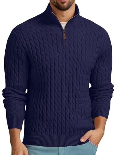 Image of QIXING Men's Cable Knit Jumper Quarter Zip Mock Neck Cable Pattern Sweater Soft Casual Tops with Ribbed Edges (Navy Blue, L)