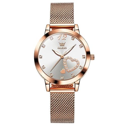Image of OLEVS Ladies Watches Rose Gold Stainless Steel Mesh Strap Women's Wrist Watch Luxury White Arabic Numerals Heart Diamond Watches for Women Waterproof Luminous Quartz Dress Womens Watch