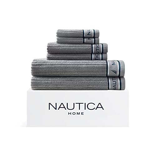 Image of Nautica - 6 Piece Bath Towels Set, Soft Absorbent Cotton, Medium Weight Bathroom Decor, Dorm Room Essentials (Signature Grey, 6 Piece)