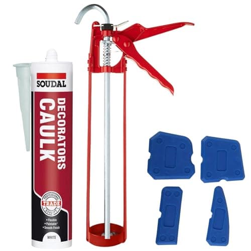 Image of Decorators Caulk White Set - Bundle With Soudal White Caulk Gap And Crack Filler Acrylic Silicone Adhesive Sealant, Sealant Gun And Silicone Smoothing tool