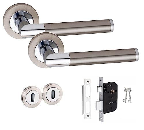 Image of Golden Grace Mitred Design Key Lock Door Handles Set on Round Rose in Satin Nickel Polished Chrome Finish with 64mm 3 Lever Mortise Lock & Key Hole