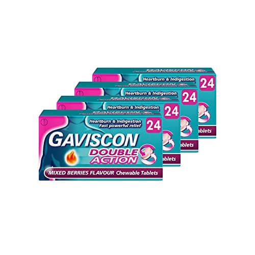 Image of Gaviscon Double Action chewable tablets, Mixed Berries, 4-Pack - Fast Heartburn & Indigestion Relief, Convenient Sachets, Antacids for Effective Digestion, Acid Reflux Relief, Pregnancy Safe