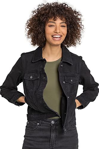 Image of Roman Originals Jean Denim Jacket for Women UK Ladies 100% Cotton Summer Casual Stretch Crop Smart Utility Trucker Biker Fitted Vintage Wash Faded Classic Work Twill - Black - Size 14