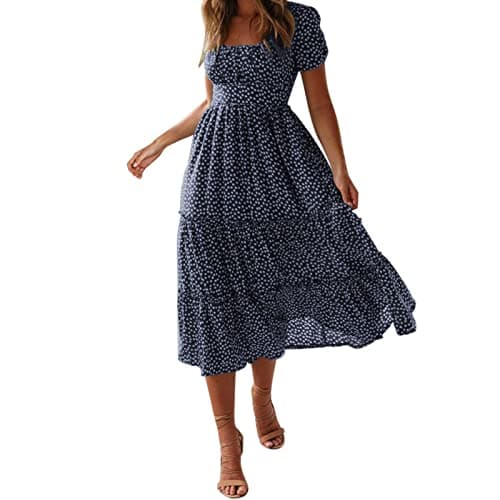 Image of Generisch Maxi Dresses for Women Flare Sleeve Dress Floral Print Casual Flowing Midi Dress Mini Dresses Women Sexy Short, darkblue, M