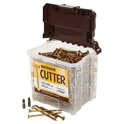 Image of Reisser 8221590PB Cutter Pozi Countersunk Yellow Coated Woodscrew 300-Pieces with 2 PZ2 Bits, 5 mm Diameter x 90 mm Length