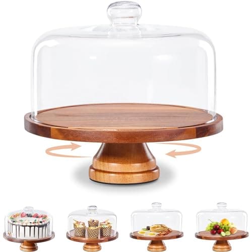 Image of Yangbaga Glass Cake Stand with Lid,11in Wooden Rotating Cake Stand with Dome Cover, Cake Plate Display Server Tray for Birthday Kitchen Party Baking Gifts