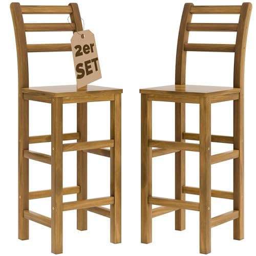 Image of CASARIA® 2x Wooden Bar Stools Set | With High Backs | Breakfast Counter Kitchen Barstools Dining Chairs with Backrest | Ergonomic Design | 110kg Capacity | Acacia Wood | Brown