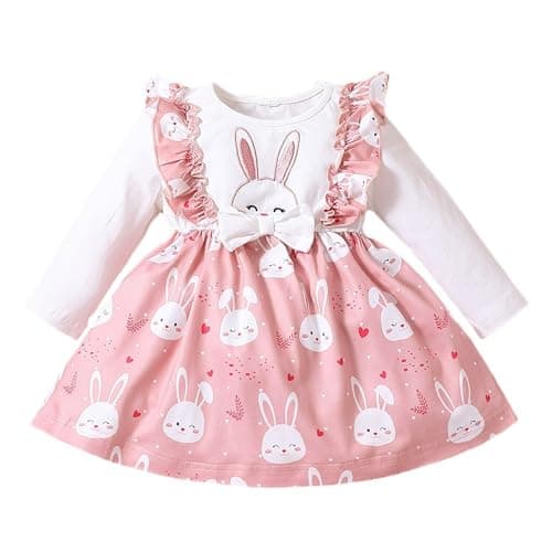 Image of Infant Baby Girls Easter Outfits Bunny Print Long Sleeve Tulle Tutu Dresses for Toddler Girl Easter Clothes Pink 12-18 Months