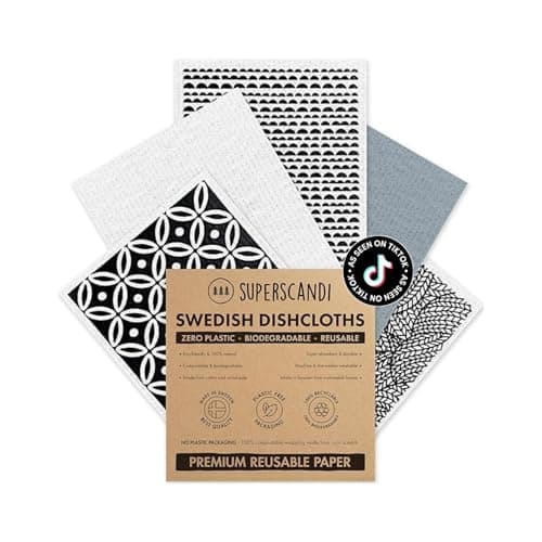 Image of SUPERSCANDI 5 Pack Reusable Cleaning Cloths - 100% Biodegradable & Compostable | Washable Swedish Dishcloth - Food-Safe & Plastic-Free | Kitchen Cloth Suitable for Any Surface, Scandi Artdeco White