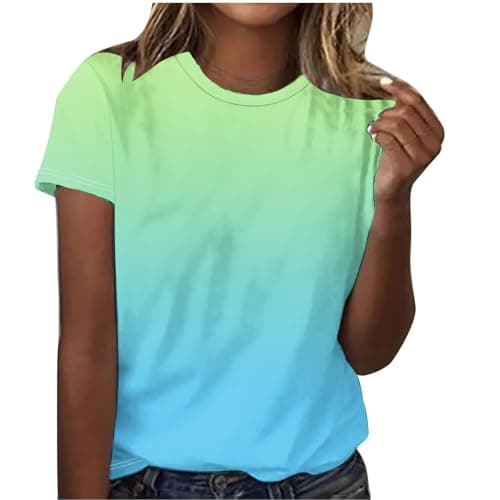 Image of Cotton Tops for Women UK Clothing Women's T-Shirts Crew Neck Thin Activewear Short Sleeve Breathable Gradient Printing Blouse Loose Fit Thin Tees Tunic Casual