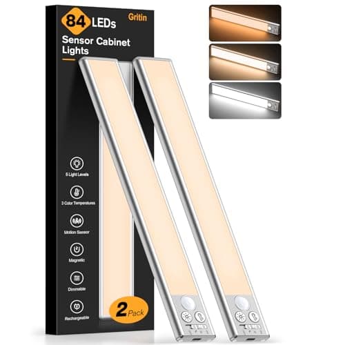 Image of Gritin Under Cabinet Kitchen Lights Rechargeable-3 Color Temps&5 Level Brightness, Super Bright, 4 Modes, Motion Sensor, Long Lasting-Easy Installation Strong Magnetic Under Closet Light-26CM/2 Pack
