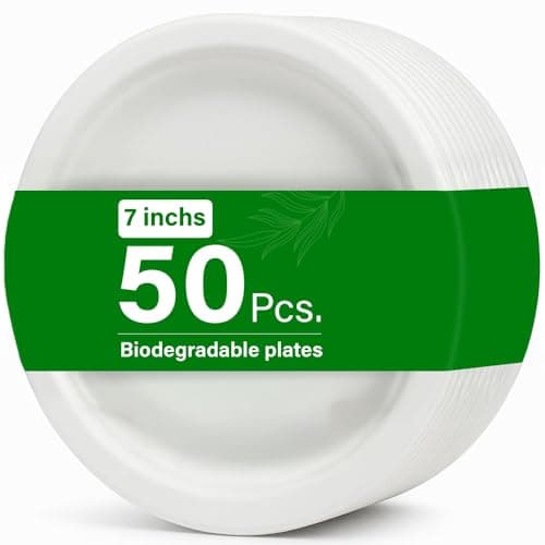 Image of 50 Pack 7 Inch Extra Strong Bagasse Plates Made From 100% Natural Sugarcane Fibre Compostable And Biodegradable Eco Friendly Plates, Oil And Cut Resistant, Perfect For Parties And Picnics