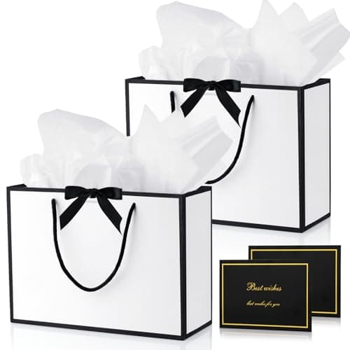 Image of GOTFUN Gift Bags, 2 Pcs Paper Gifts Bags with 2 Cards, Party Bag White Present Bags with Handles for Women Girls Bridesmaid Birthday Wedding Valentines Party Christmas