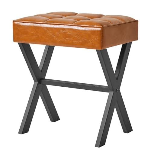 Image of IBUYKE Square Makeup Stool with X-Leg Foot Rest, PU Footrest, Ottoman Seat Vanity Stool, Multi-Use as Small Side Table, for Bedroom, Living Room, Light Brown L/G-71J